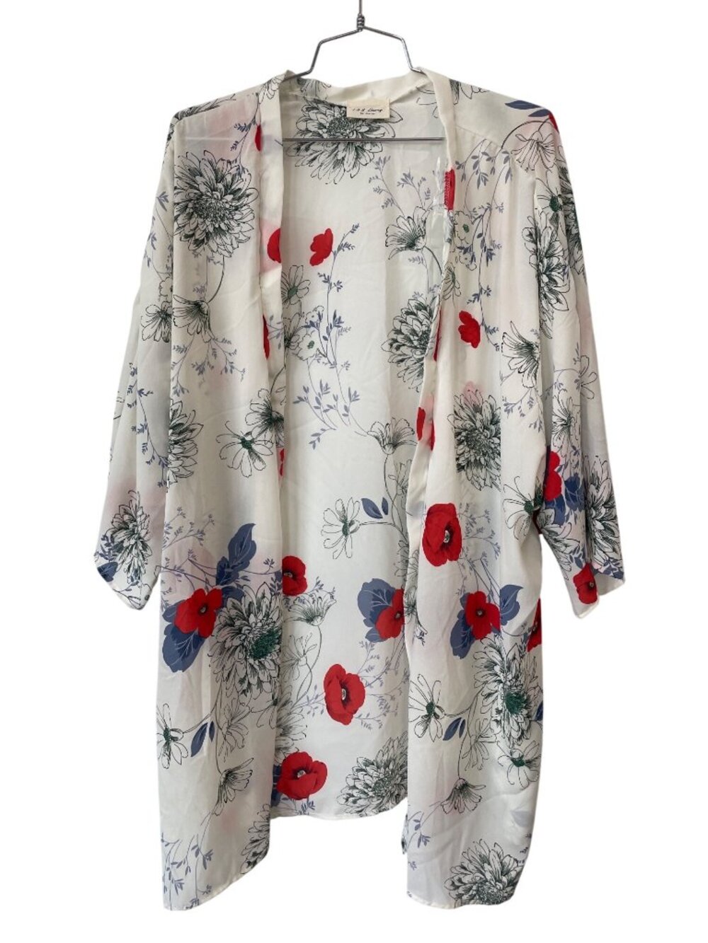 143 Story By Line Up Floral Kimono One Size Open Front White Red Boho Resortwear